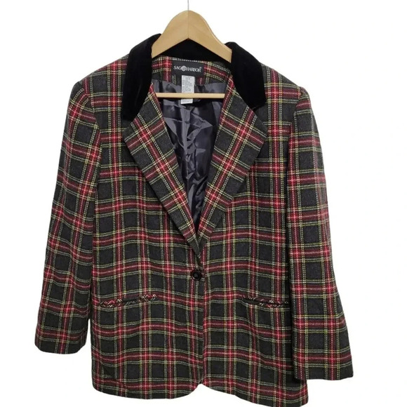 Vintage 1990s Y2K Plaid Charcoal Gray Red Oversized Wool Blazer 14 - Picture 1 of 5